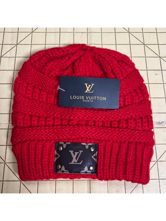 Luxury Knit Red Beanie With Faux Leather Patch & Gold Rivet Accents main image 4